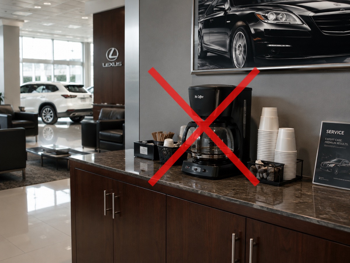 Mr. Coffee drip pot in a Lexus dealership — off-brand for a luxury showroom