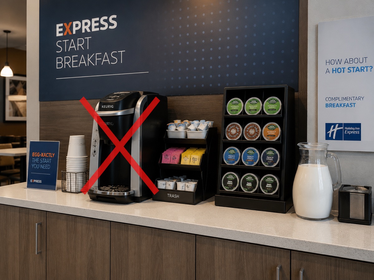 Keurig pod machine on a Holiday Inn Express breakfast bar