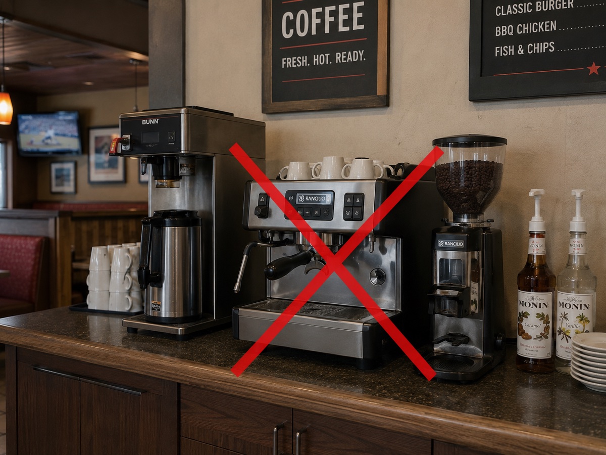 Mismatched commercial espresso setup, Bunn drip pot, and consumer grinder in a casual dining chain