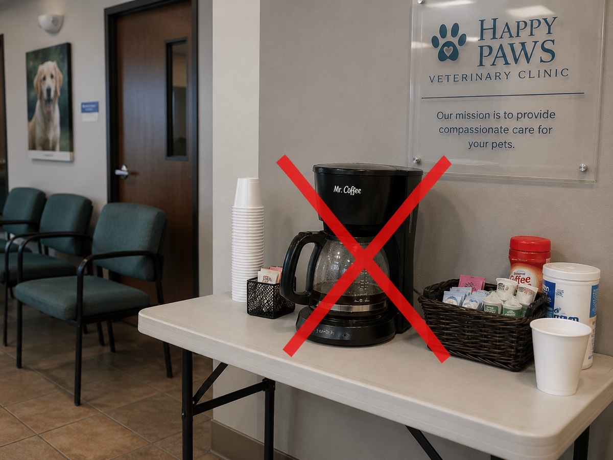 Mr. Coffee on a folding table at Happy Paws Veterinary Clinic