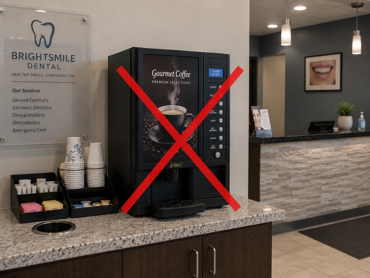 Vending-style coffee machine in BrightSmile Dental reception