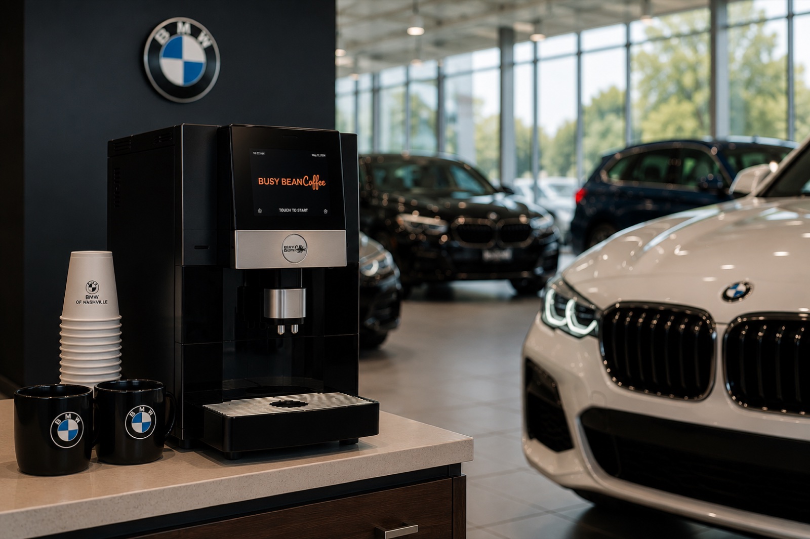 Busy Bean Coffee machine in a luxury auto dealership showroom