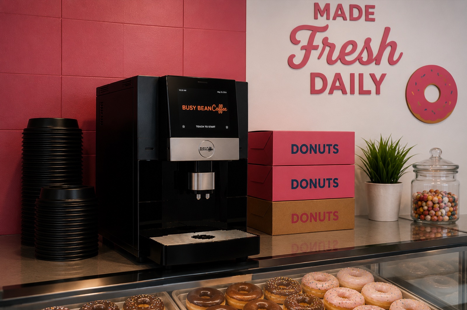 Busy Bean Coffee machine in a donut shop