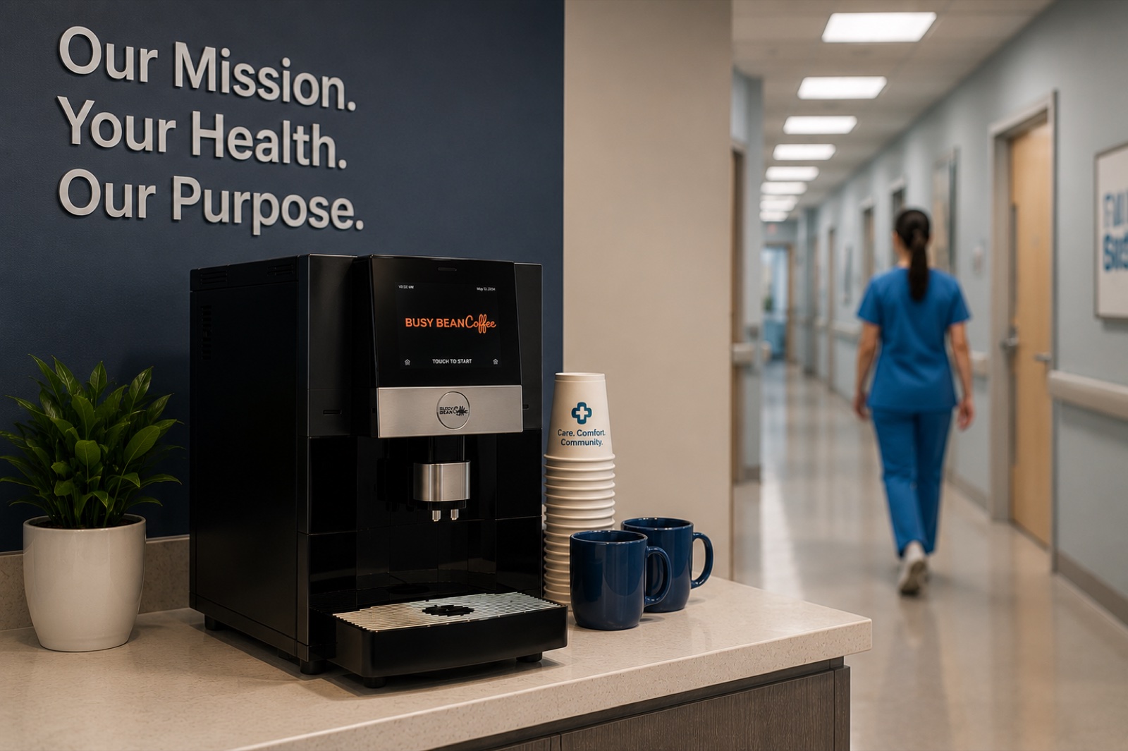 Busy Bean Coffee machine in a hospital corridor