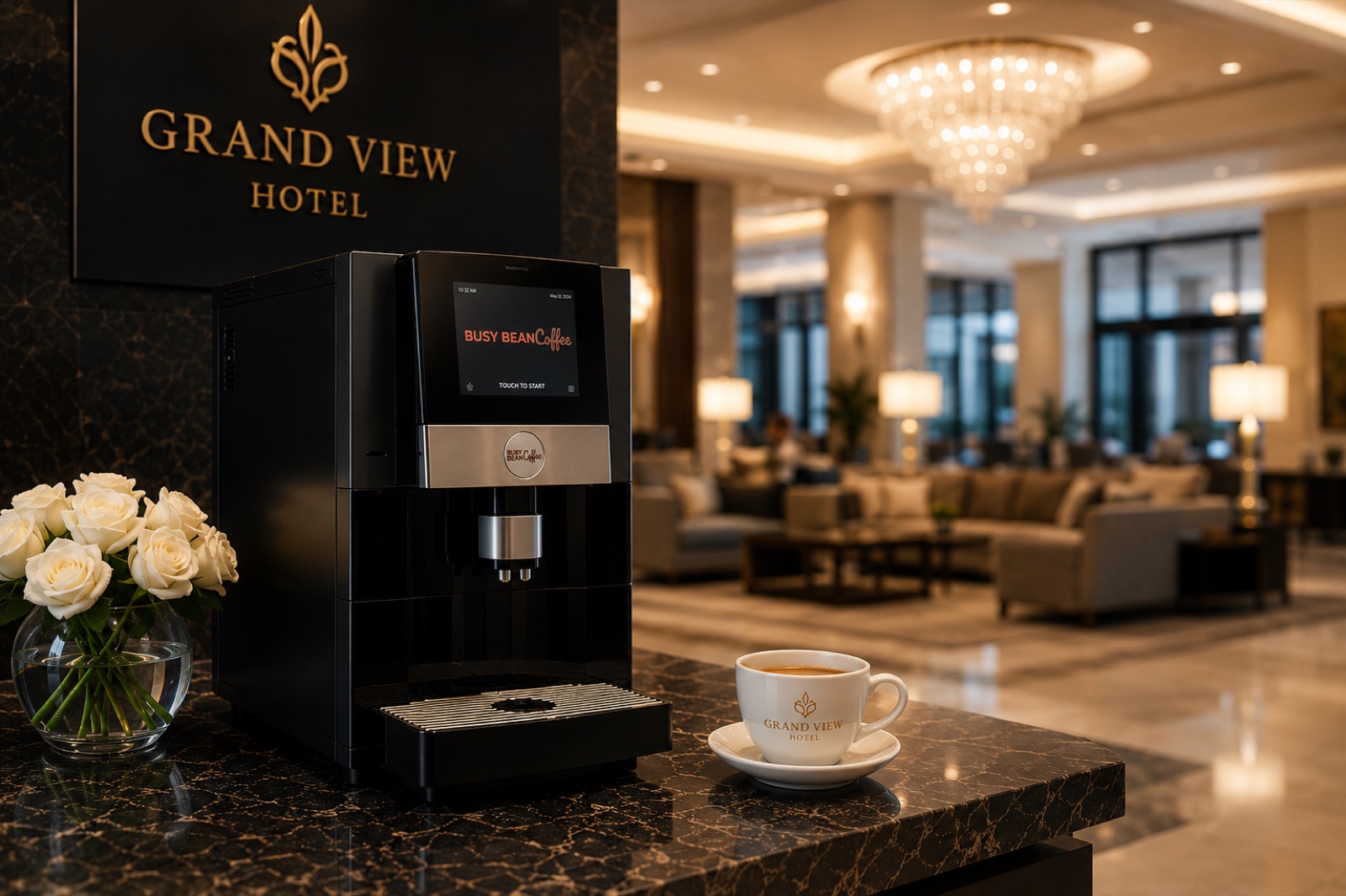 Busy Bean Coffee machine in a luxury hotel lobby