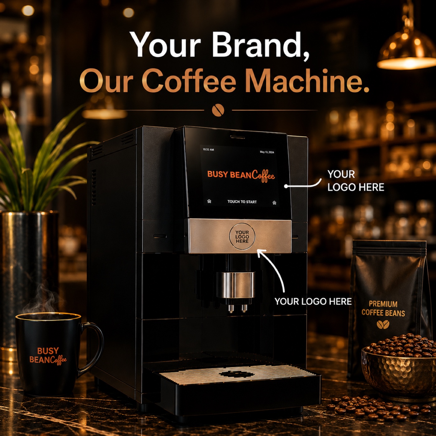 Your Brand, Our Coffee Machine — Busy Bean private-label espresso system showing where your logo appears on the screen and dispenser, alongside branded coffee accessories